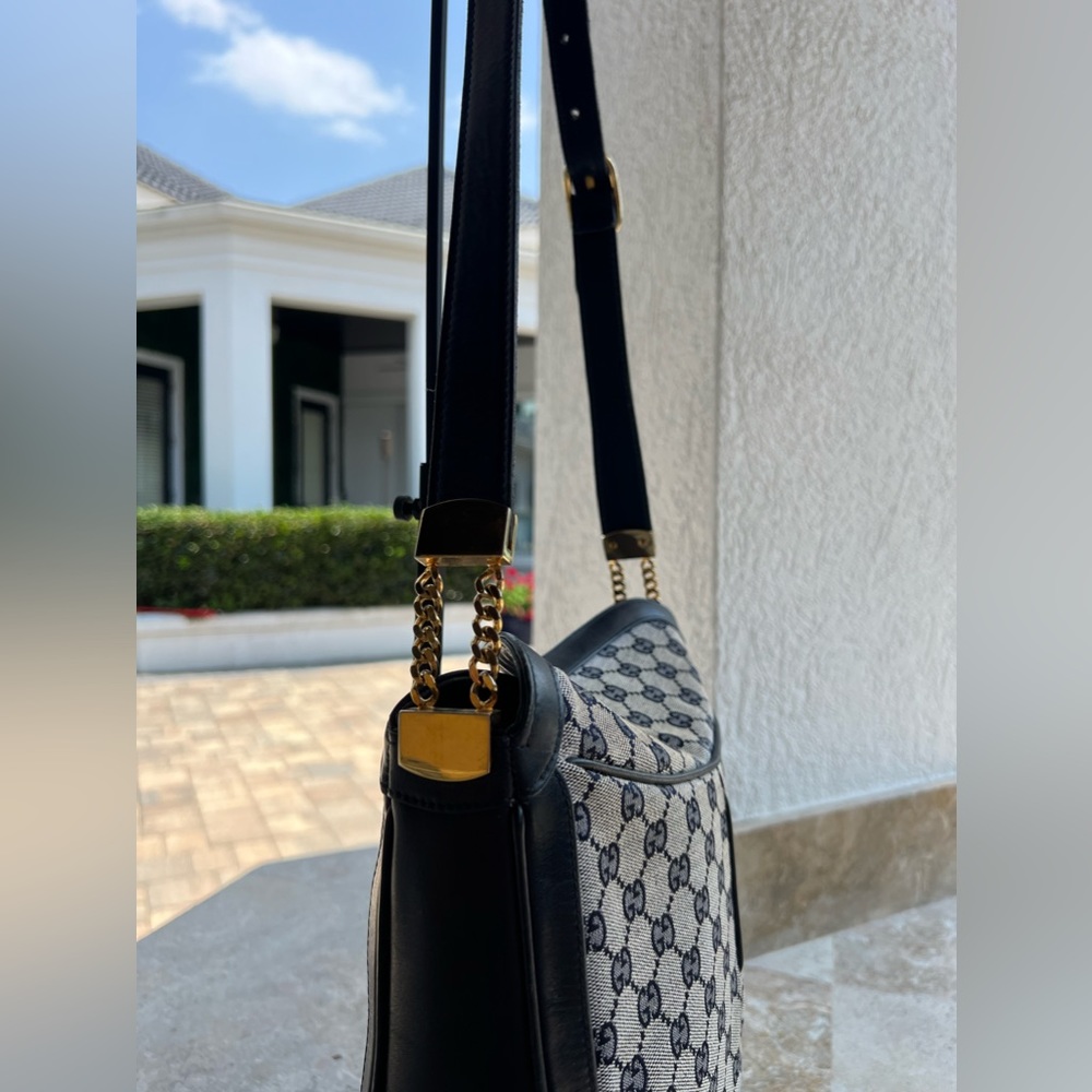 Gucci Black & Beige GG Canvas Shoulder Bag with Gold Hardware - Picture 10 of 16